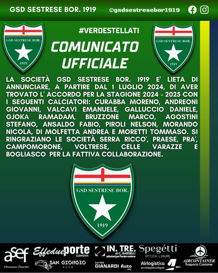 SESTRESE Sono ben 12 i nomi nuovi