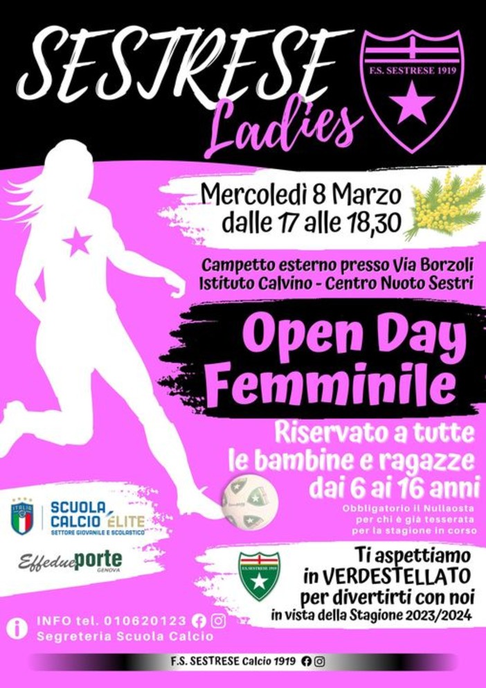 SESTRESE LADIES Open day femminile oggi dalle 17 al campetto di Via Borzoli
