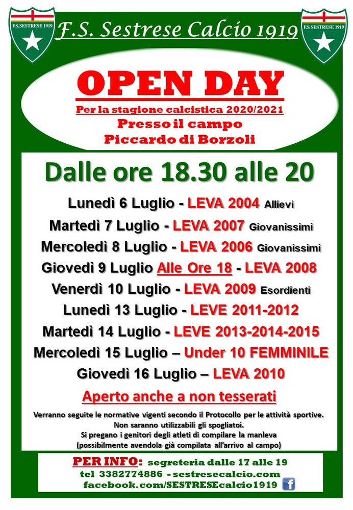 SESTRESE Arrivano gli Open Day