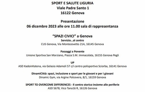 SPAZI CIVICI A GENOVA L'iniziativa di &quot;Sport e Salute&quot; Liguria