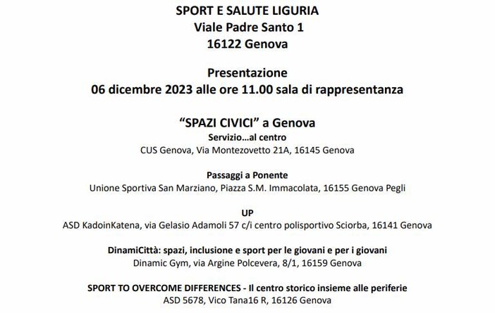 SPAZI CIVICI A GENOVA L'iniziativa di &quot;Sport e Salute&quot; Liguria