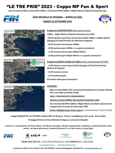 RAPALLO NUOTO Aperte iscrizione a gara nuoto Tre Prie 2023 - Coppa MP Fun &amp; Sport