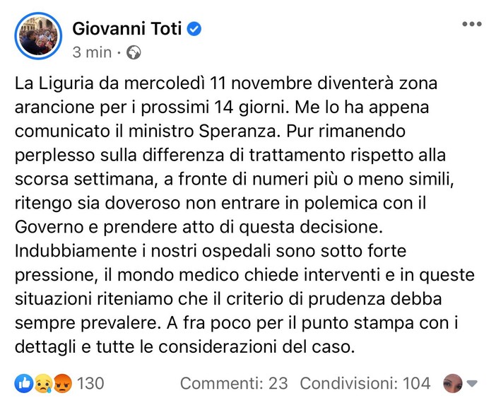 LIGURIA ZONA ARANCIONE da mercoledi 11 novembre per 14 giorni