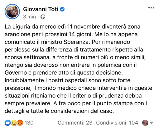 LIGURIA ZONA ARANCIONE da mercoledi 11 novembre per 14 giorni