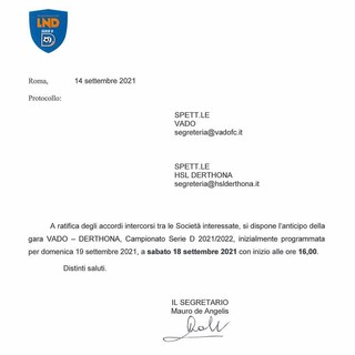 SERIE D Vado-Derthona anticipata a sabato ore 16