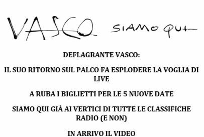 VASCO ROSSI: in arrivo il video del singolo &quot;Siamo qui&quot;